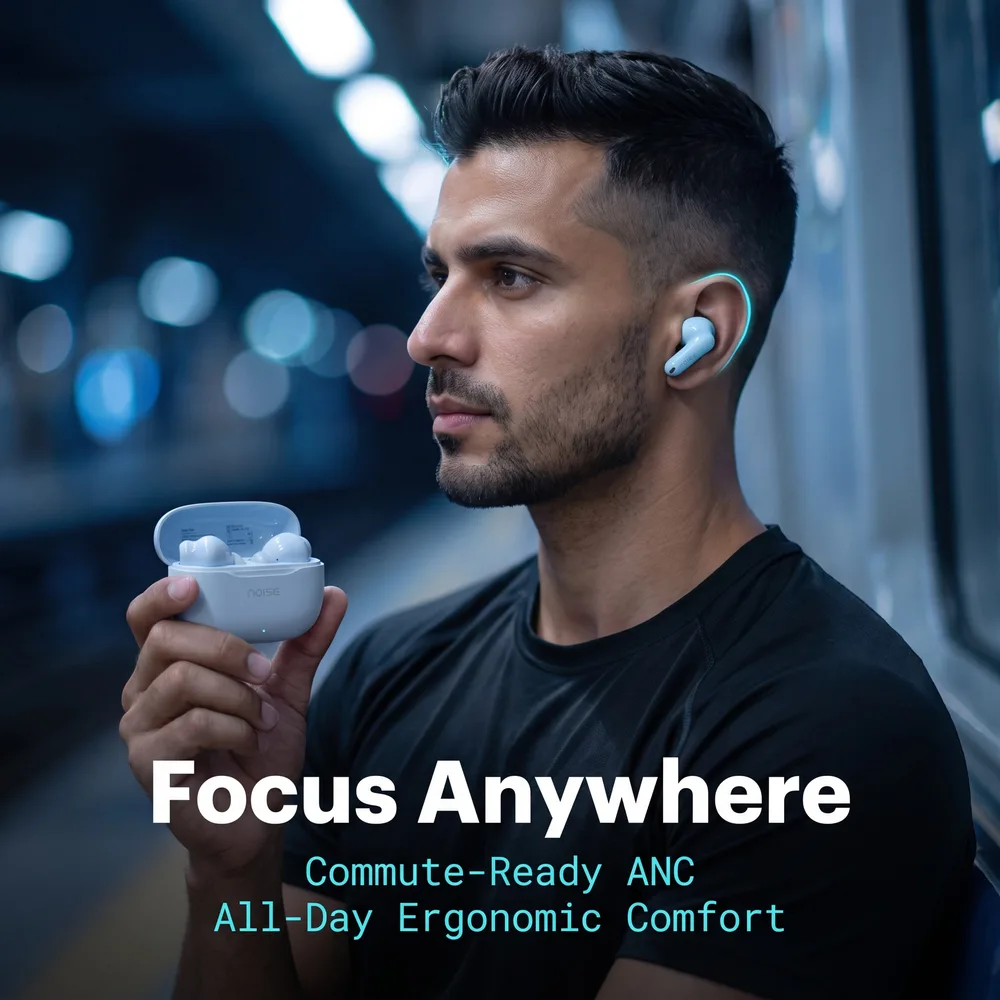 A man on a train platform wearing an earbud, headline Focus Anywhere