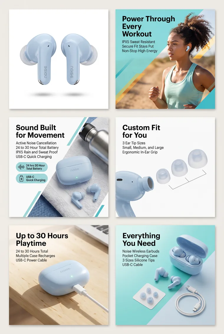 Six bright teal slides of the earbuds with a runner and bold headlines