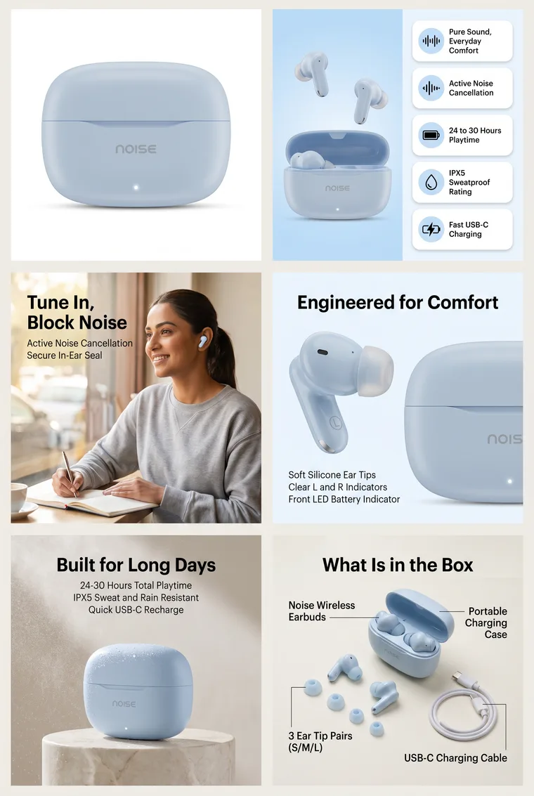 Six soft, light slides of the earbuds with icons and a woman writing at a café