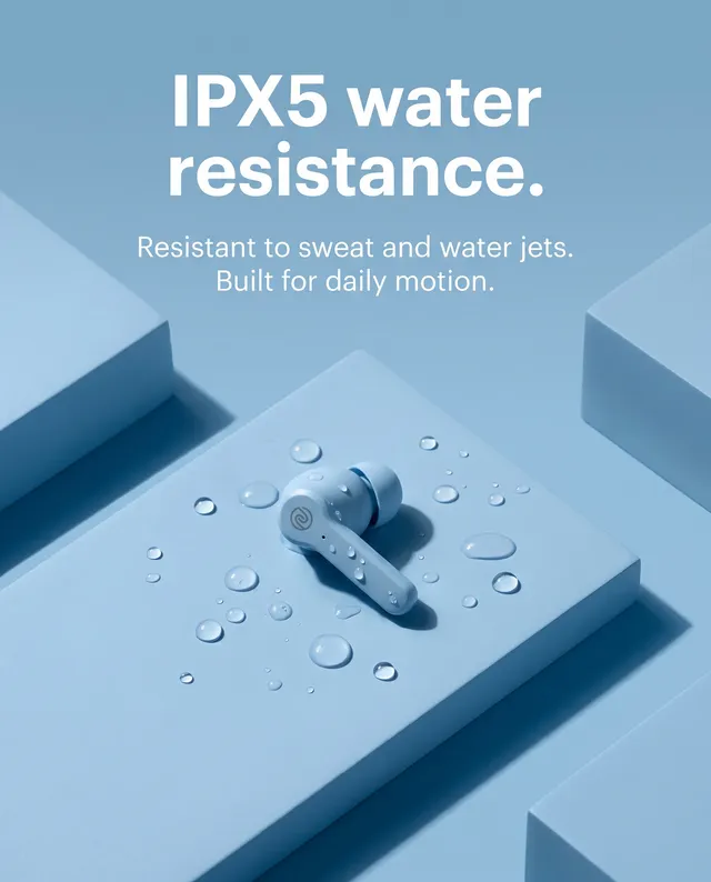 An earbud with water drops on a blue block, headline IPX5 water resistance